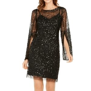 NWT ADRIANNA PAPELL Black Beaded Split Sleeve Sheath Cocktail Dress size 4